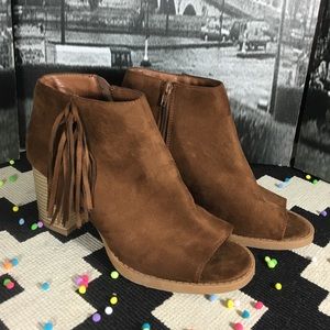 Soda faux suede peeptoe ankle boots.