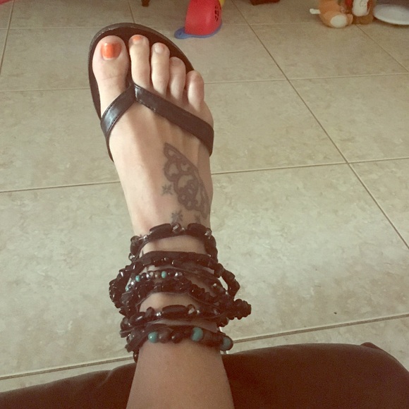 Traffic Shoes - Black beaded ankle sandals.