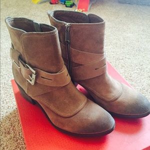 Tan suede bootie with buckle detail