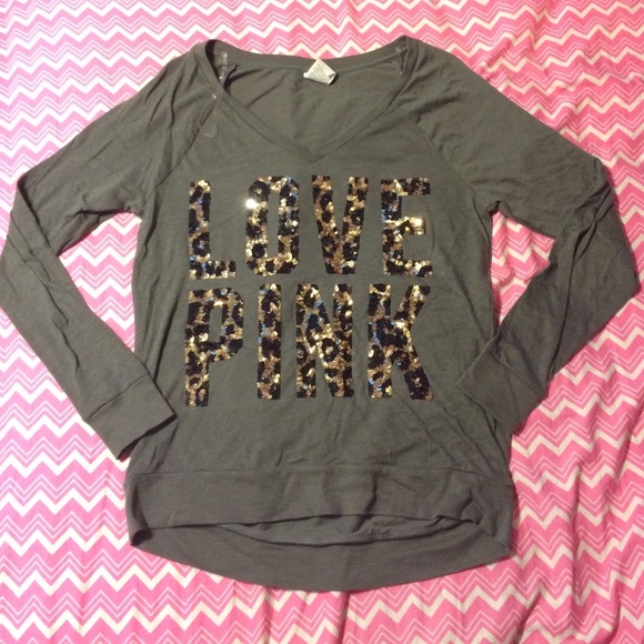 PINK Victoria's Secret Tops - VS Pink leopard sequin bling logo top grey size XS