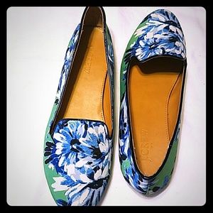 Floral J.Crew Green flats with blue/white accents