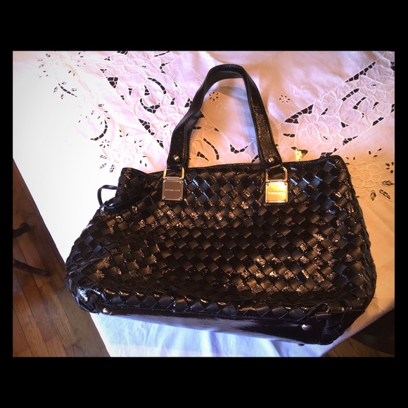 Black Michael Kors  Black leather woven carryall goldtone hardware