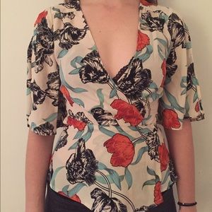Never worn! Flower print wrap shirt