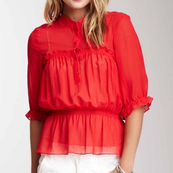 Love Token Tops - Silk Peasant Sheer Blouse In Red