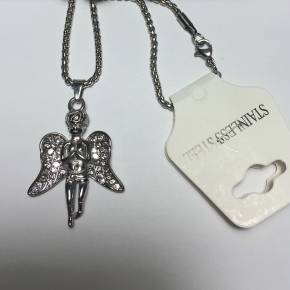 Stainless steel angel with rhinestones + chain
