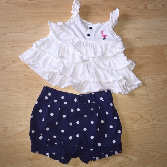 Carter's Other - White flamingo ruffle tank with polka dot shorts