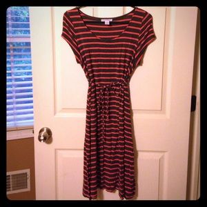 Pink and gray striped maternity dress