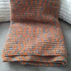 Crochet grey and orange baby/ car seat blanket