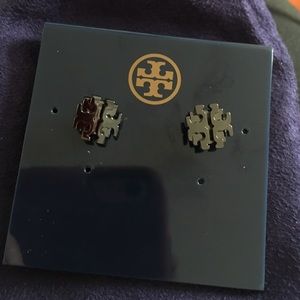 Tory Butch small T logo gunmetal earrings