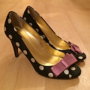 J. Crew Navy Polka Dot Heels with Mauve Bows