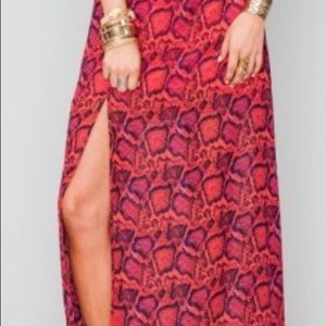 Red animal printed skirt with slit, fully lined