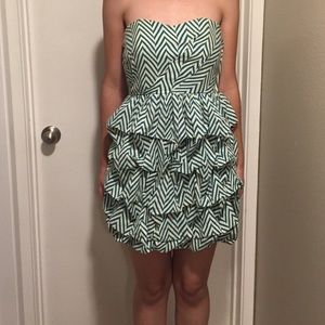 Ruffle Tiered Green & White Chevron Dress