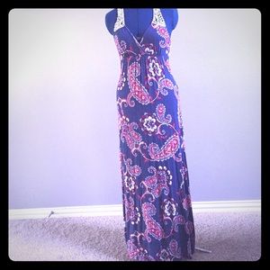 Floral & Paisley Navy Blue Maxi Dress with Lace