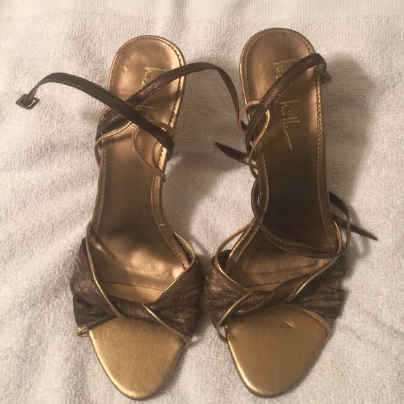 Gold, strapped Nicole Miller heels. - Picture 1 of 3