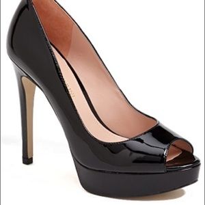 Aldo patent leather black peep toe pumps
