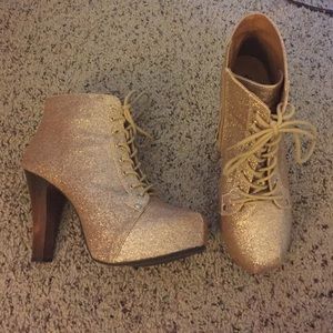 Lace-up sparkly gold booties