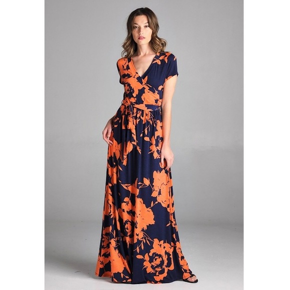 Navy and Coral Maxi Dress - Picture 3 of 4