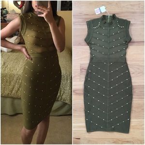 Olive green midi studded bandage dress