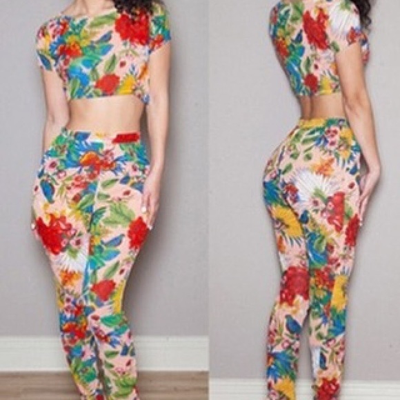 Floral Print 2 pc pants set with cropped top