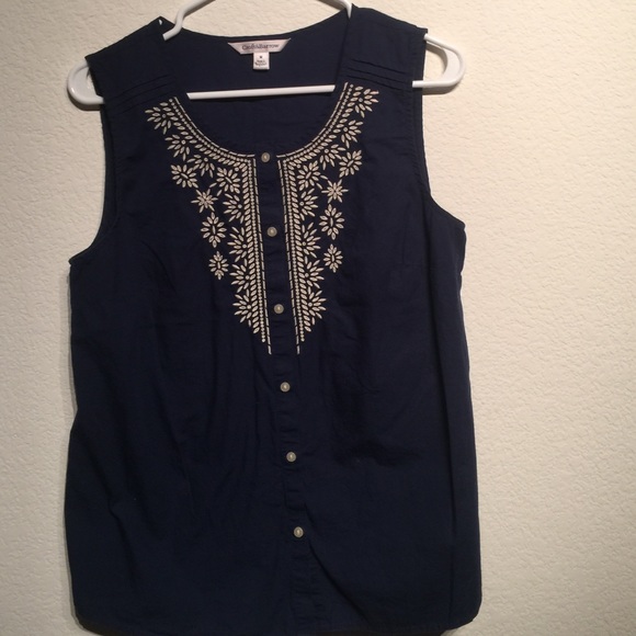 Sleeveless dark blue embroidered top