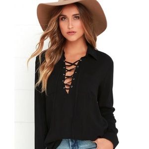 NWT Black Collared Lace Up Blouse