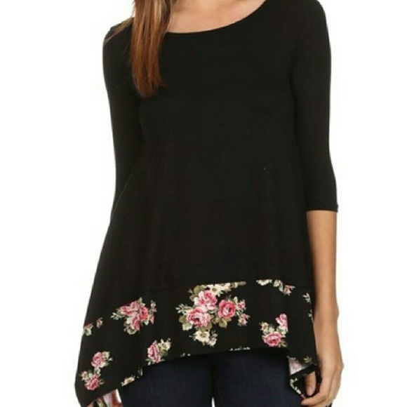 Floral Curved Hem Black 3/4 Sleeve High Low Top
