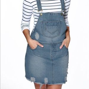 Distressed denim pinafore (overalls)