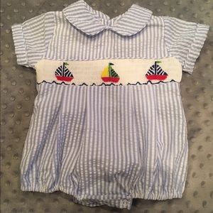 Blue Seersucker Sailboat Smocked Bubble