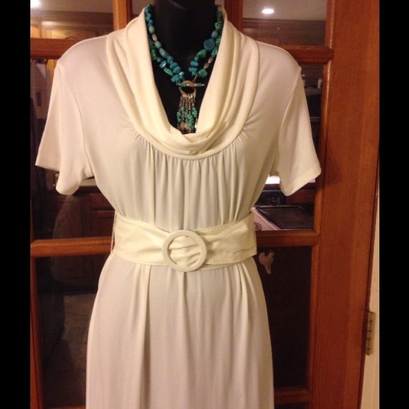 Cowl Neck Short Sleeve Ivory Dress - Picture 3 of 3