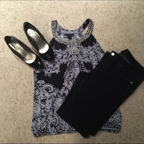 Blue and White Jeweled Tank by INC