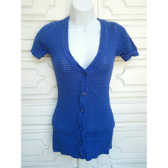 Royal blue knitted short sleeves sweater - Picture 1 of 4