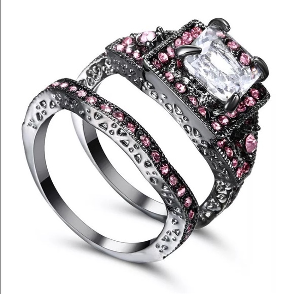 Jewelry - Black Gold Filled Pink White Sapphire Ring Set