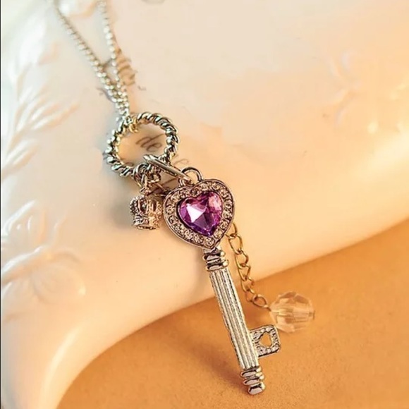 Jewelry - White Gold Filled Key Purple Heart CZ Necklace