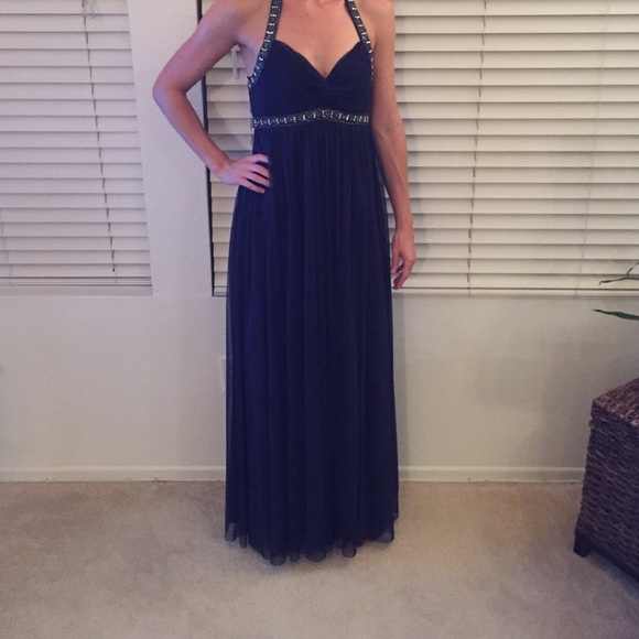 Navy blue chiffon halter evening gown - Picture 1 of 2