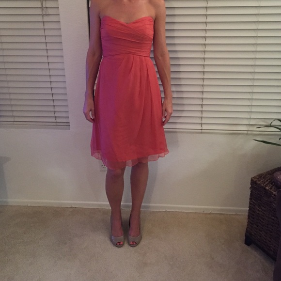 Coral chiffon strapless knee length dress