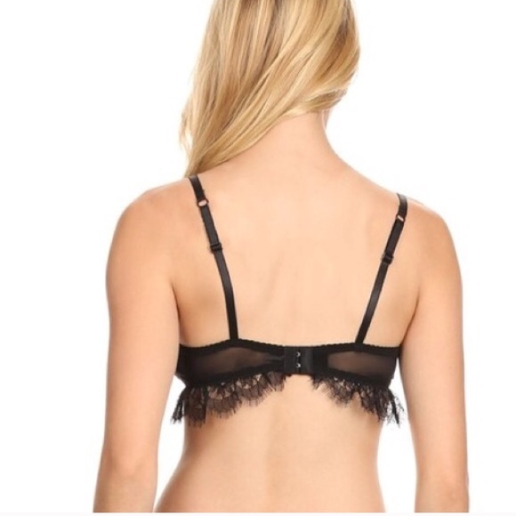 Black Lace Deep V Bralette Lace Trim Bra - Picture 3 of 4