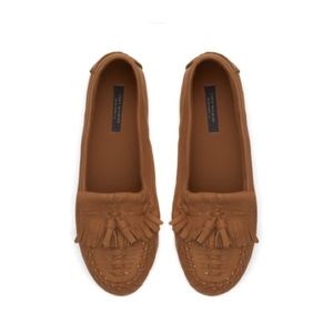 Zara Brown Leather Tassel Loafers Moccasin Flat