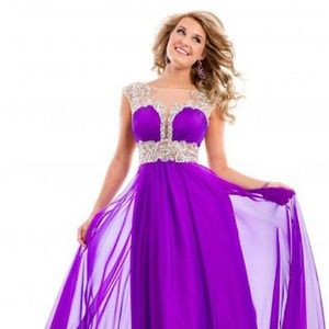 Royal purple empire neck sheer back prom pageant