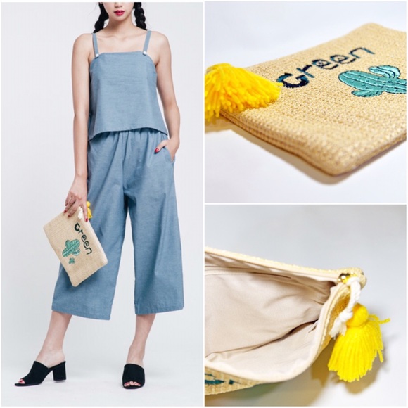 ASOS Straw Clutch Embroidered Cactus And Tassels - Picture 3 of 4