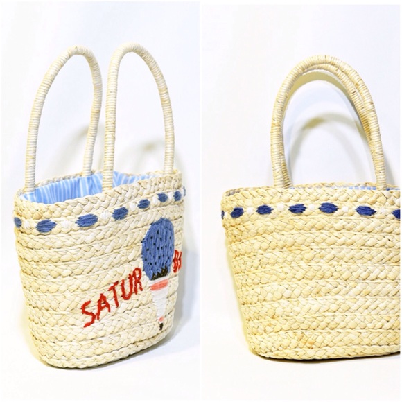Blue Embroidered Ice Cream Beach Straw Tote Bag - Picture 2 of 4