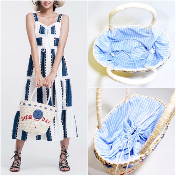 Blue Embroidered Ice Cream Beach Straw Tote Bag - Picture 3 of 4