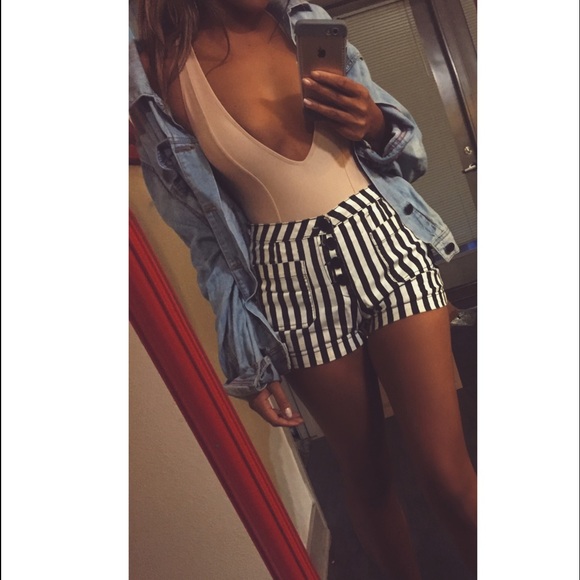 High waisted striped jean shorts