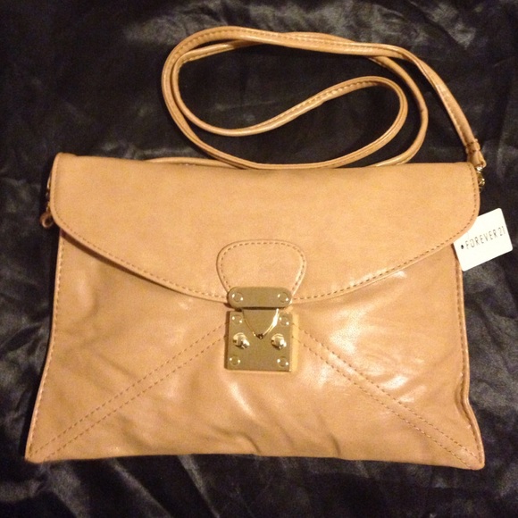 Forever 21 tan cross body bag w/ gold buckle