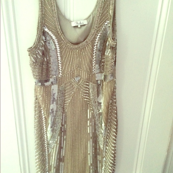 Parker hand stitched silver party dress small