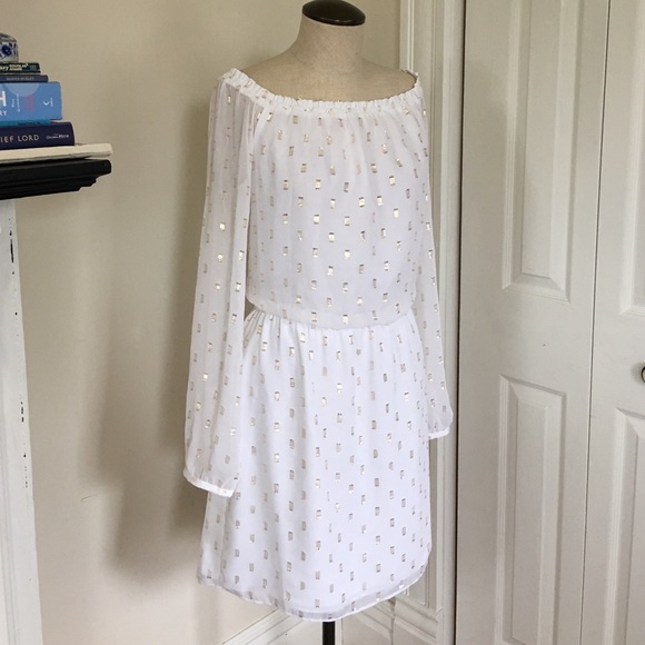 WHBM Long-sleeved White and Gold Dress