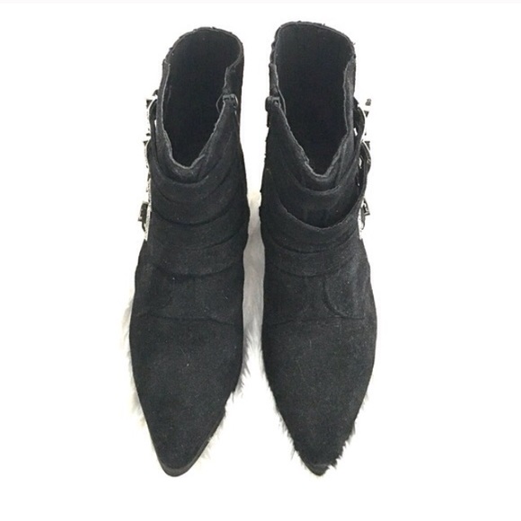 Buckled black faux suede booties (ankle buckles)
