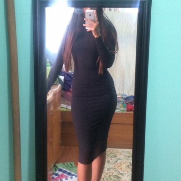 Mock Neck Black Midi Dress