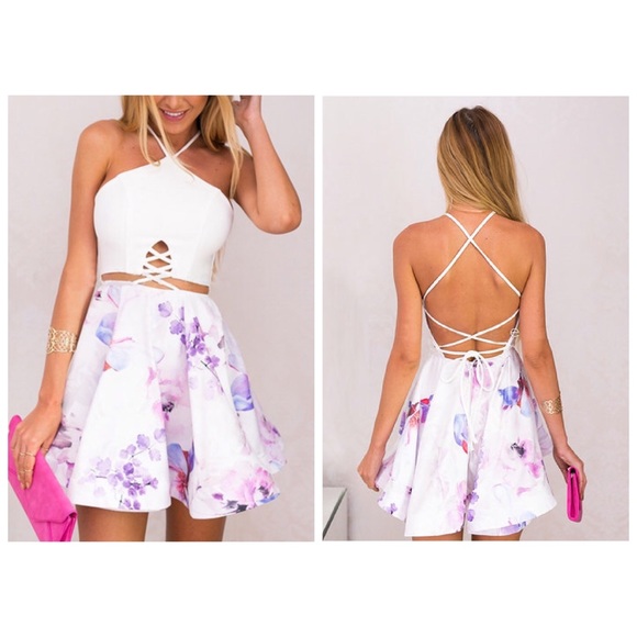 Floral print dress/ lace up in the back halter.