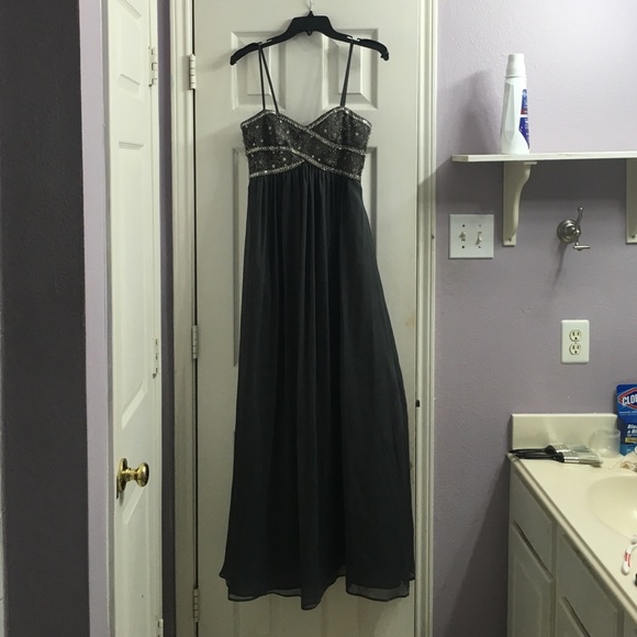 Slate grey floor length prom dress