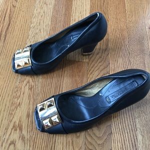 BCBG Peep Toe Pumps with Gold Hardware